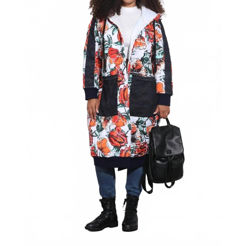 NEW LUXE MODA floral hooded coat in denim/black